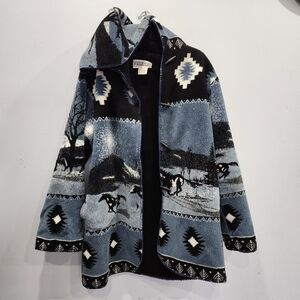 Vintage Country Woods Landscape Running Horses Fleece Button Up Jacket